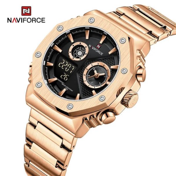 NAVIFORCE NF9216 Fashion Geometric Bezel LCD Digital Analog Stainless Steel Watch For Men - Rosegold