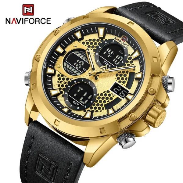 NaviForce NF9225 Men's Fashion Double Display Multifunction Luminous Leather Strap Watch - Golden/Black