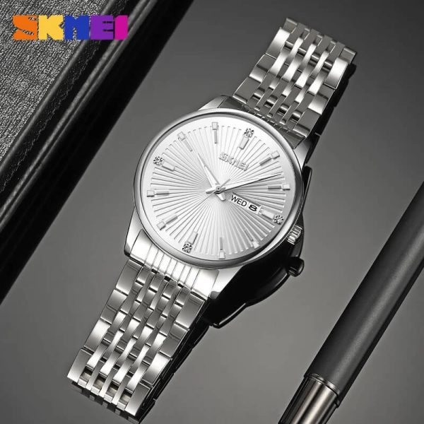 SKMEI 9323 Men's Texture With Fashion Day Date Display Quartz Stainless Steel Watch - Silver - Image 2