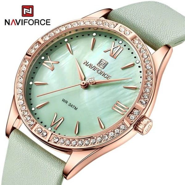 NaviForce NF5028 Women's Fashion Rhinestone Surrounded Roman Numeral Index Leather Quartz Watch - Light Green