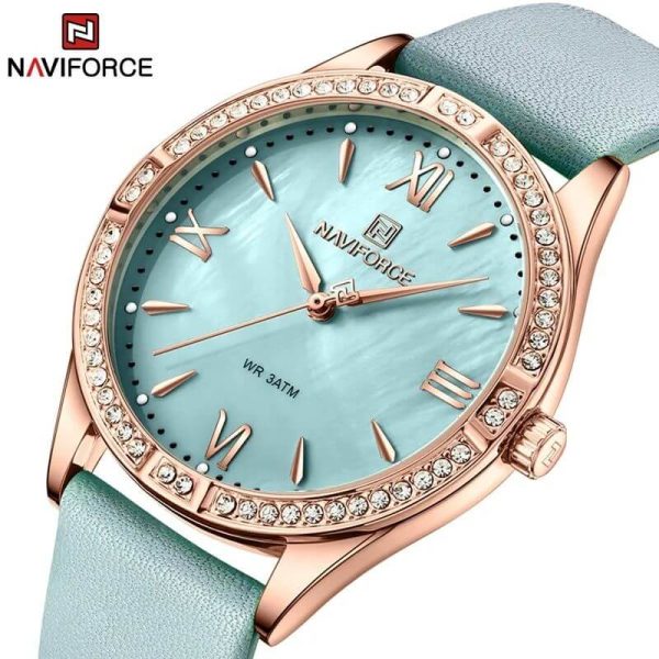 NaviForce NF5028 Women's Fashion Rhinestone Surrounded Roman Numeral Index Leather Quartz Watch - Light Blue