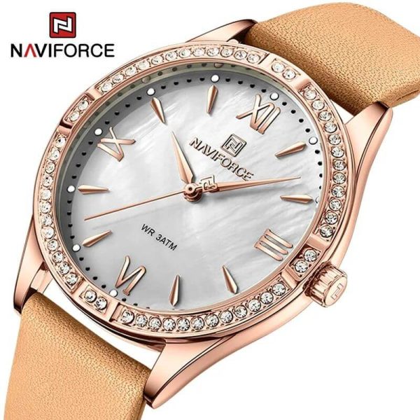 NaviForce NF5028 Women's Fashion Rhinestone Surrounded Roman Numeral Index Leather Quartz Watch - Orange