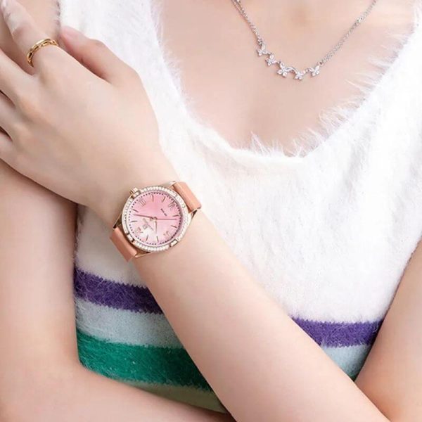 NaviForce NF5028 Women's Fashion Rhinestone Surrounded Roman Numeral Index Leather Quartz Watch - Pink - Image 2