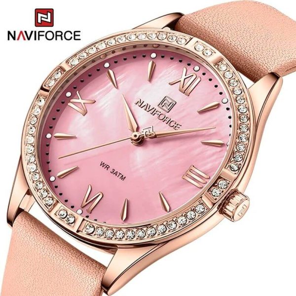 NaviForce NF5028 Women's Fashion Rhinestone Surrounded Roman Numeral Index Leather Quartz Watch - Pink