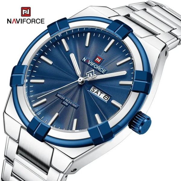 NaviForce NF9218 Fashion Simple Elegant Stainless Steel Day Date Display Watch For Men - Blue/Silver