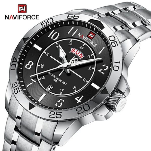 NaviForce NF9204 Stylish Day Date Display Stainless Steel Military Watch For Men - Silver