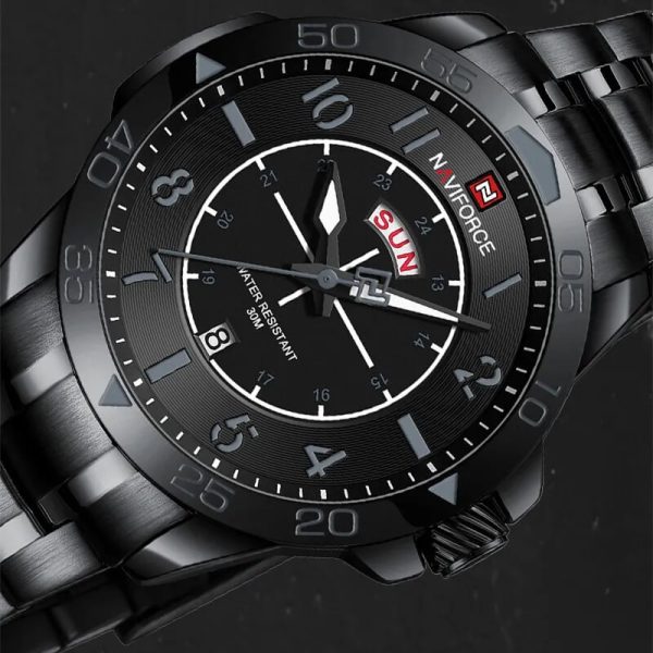 NaviForce NF9204 Stylish Day Date Display Stainless Steel Military Watch For Men - Black - Image 3