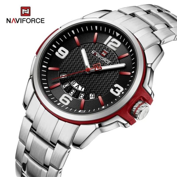 NaviForce NF9215 Men's Business Novel Dial Day Date Display Stainless Steel Watch - Red/Silver