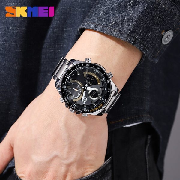 SKMEI 1889 Multifunctional Dual Display Countdown Chronograph LED Light Stainless Steel Watch For Men - Silver/Black - Image 3