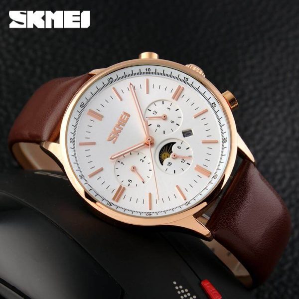 SKMEI 9117 Men's Business Elegant Chronograph Moonphase Complete Calendar Leather Strap Watch - White/RoseGold - Image 2