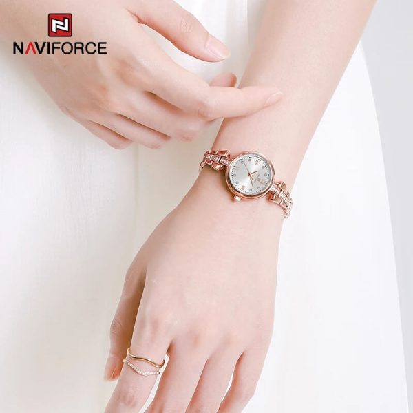 NaviForce NF5034 Dynamic Beautiful Small Dial Rhinestone Bracelete Design Watch For Women - White/Rosegold - Image 2