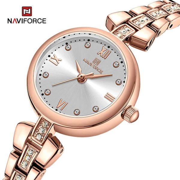 NaviForce NF5034 Dynamic Beautiful Small Dial Rhinestone Bracelete Design Watch For Women - White/Rosegold