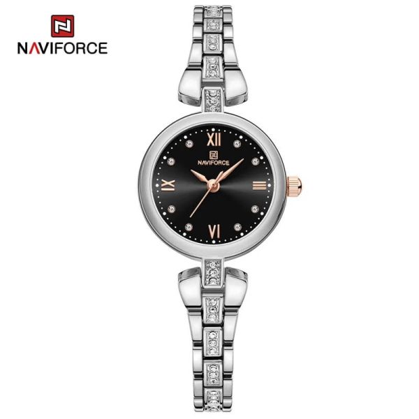 NaviForce NF5034 Dynamic Beautiful Small Dial Rhinestone Bracelete Design Watch For Women - Black/Silver - Image 2