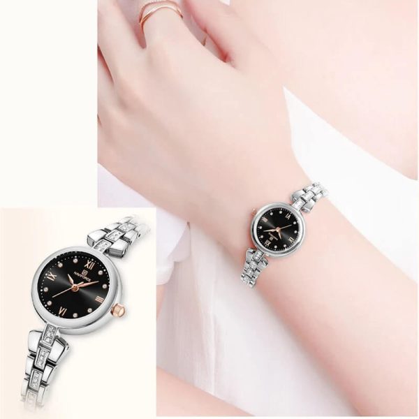 NaviForce NF5034 Dynamic Beautiful Small Dial Rhinestone Bracelete Design Watch For Women - Black/Silver - Image 3