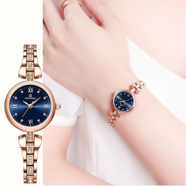 NaviForce NF5034 Dynamic Beautiful Small Dial Rhinestone Bracelete Design Watch For Women - Blue/Rosegold - Image 2