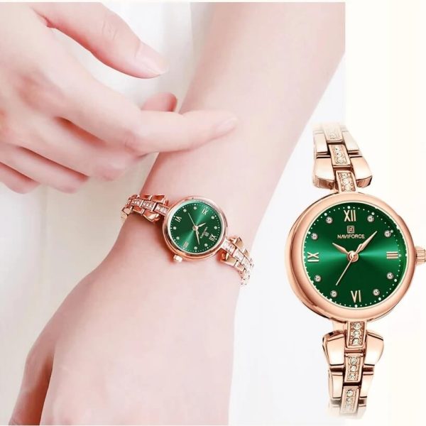 NaviForce NF5034 Dynamic Beautiful Small Dial Rhinestone Bracelete Design Watch For Women - Green/Rosegold - Image 3