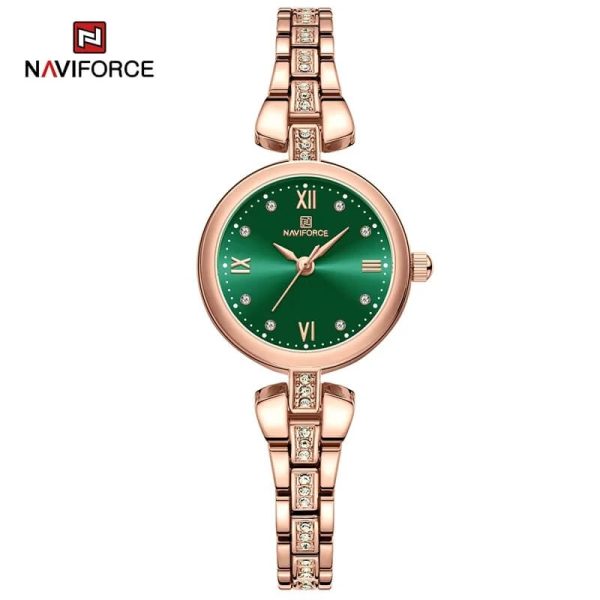 NaviForce NF5034 Dynamic Beautiful Small Dial Rhinestone Bracelete Design Watch For Women - Green/Rosegold - Image 2