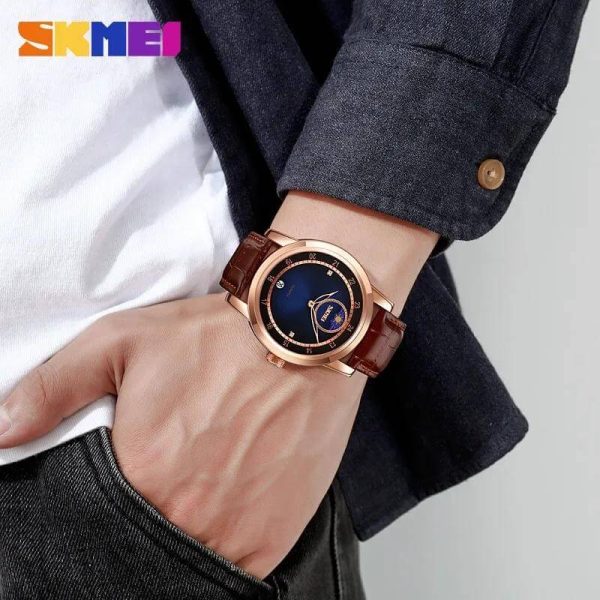 SKMEI 9300 Business Moon Phase Leather Strap Date Display Watch For Men - Blue/Brown - Image 2