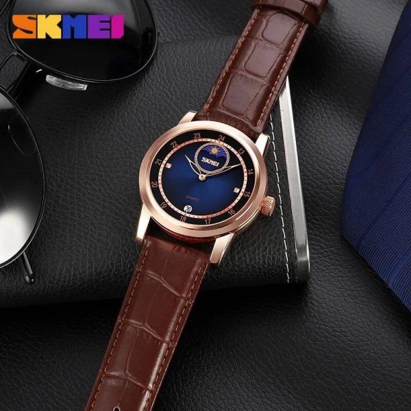 SKMEI 9300 Business Moon Phase Leather Strap Date Display Watch For Men - Blue/Brown - Image 3