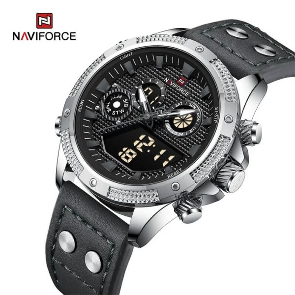 NaviForce NF9224 Fashion Sport Dual Display Multifunction Luminous Leather Strap Watch For Men - Black/Silver