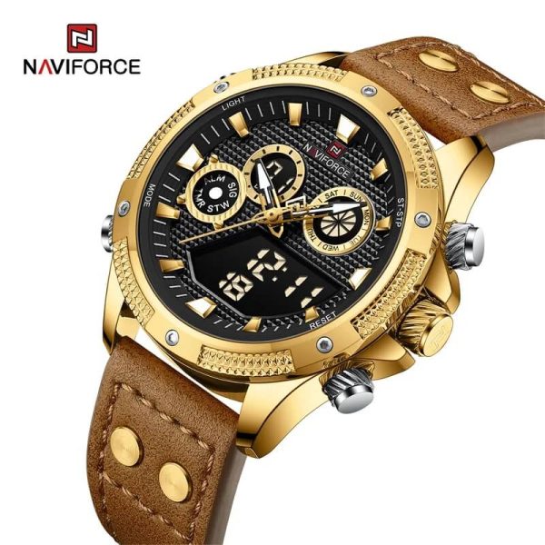 NaviForce NF9224 Fashion Sport Dual Display Multifunction Luminous Leather Strap Watch For Men - Black/Golden