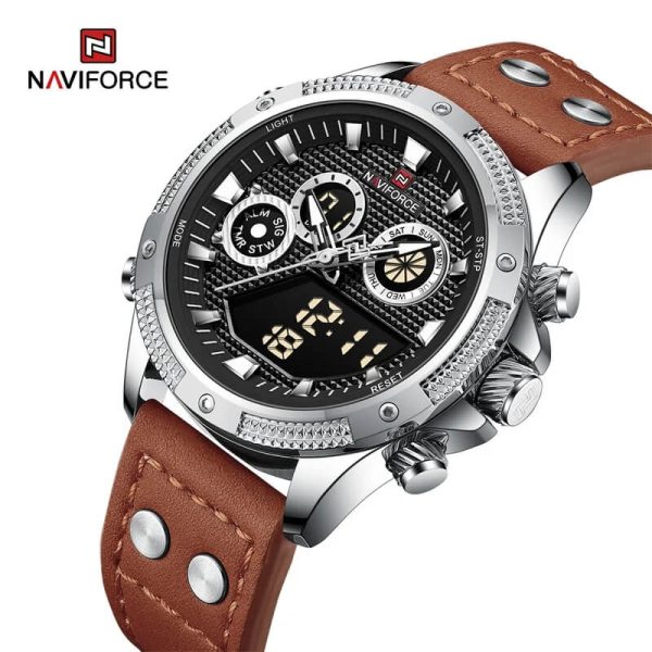 NaviForce NF9224 Fashion Sport Dual Display Multifunction Luminous Leather Strap Watch For Men - Silver/Orange