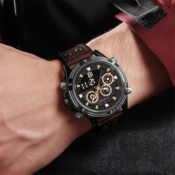 NaviForce NF9224 Fashion Sport Dual Display Multifunction Luminous Leather Strap Watch For Men - Brown - Image 2