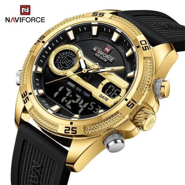 NaviForce NF9223 Men's Fashion Chronograph Digital Analog Luminous Silicon Strap Watch - Golden/Black