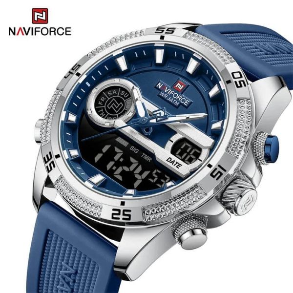 NaviForce NF9223 Men's Fashion Chronograph Digital Analog Luminous Silicon Strap Watch - Blue/Silver