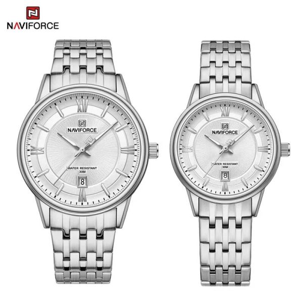 NaviForce NF8040 Classic Luxury Quartz Date Display Stainless Steel Watch For Couple - Silver