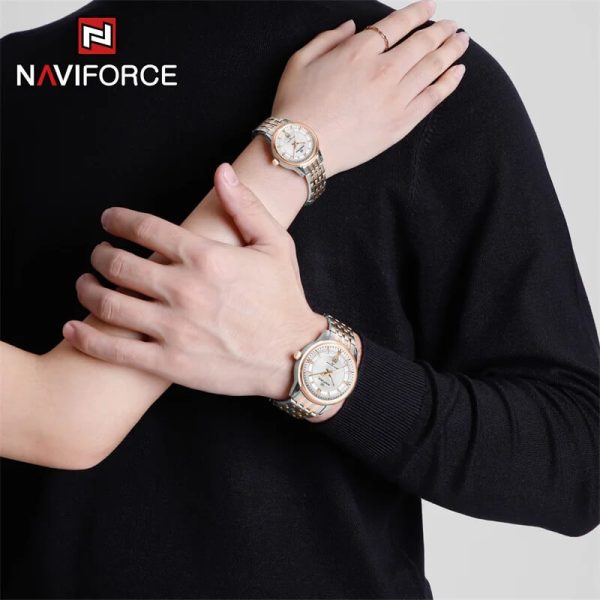 NaviForce NF8040 Classic Luxury Quartz Date Display Stainless Steel Watch For Couple - White/Rosegold - Image 2