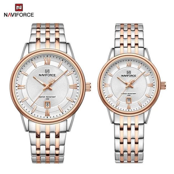 NaviForce NF8040 Classic Luxury Quartz Date Display Stainless Steel Watch For Couple - White/Rosegold