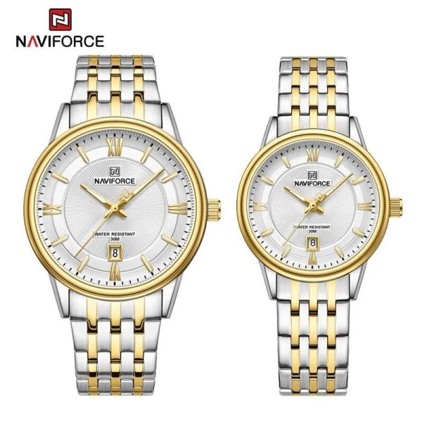 NaviForce NF8040 Classic Luxury Quartz Date Display Stainless Steel Watch For Couple - White/Golden