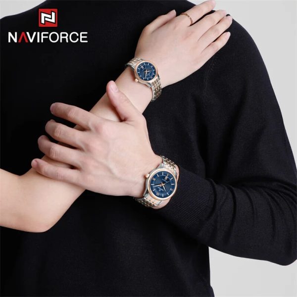 NaviForce NF8040 Classic Luxury Quartz Date Display Stainless Steel Watch For Couple - Blue/Rosegold - Image 2