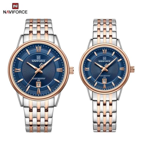 NaviForce NF8040 Classic Luxury Quartz Date Display Stainless Steel Watch For Couple - Blue/Rosegold