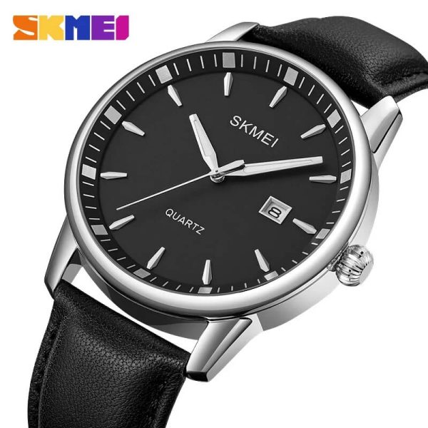 SKMEI 2121 Men's Business Simple Classic Leather Strap Date Display Quartz Watch - Black/Silver