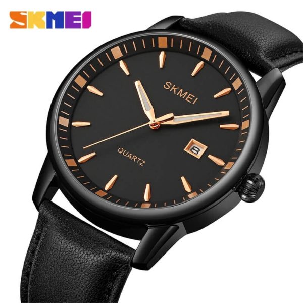 SKMEI 2121 Men's Business Simple Classic Leather Strap Date Display Quartz Watch - RoseGold/Black