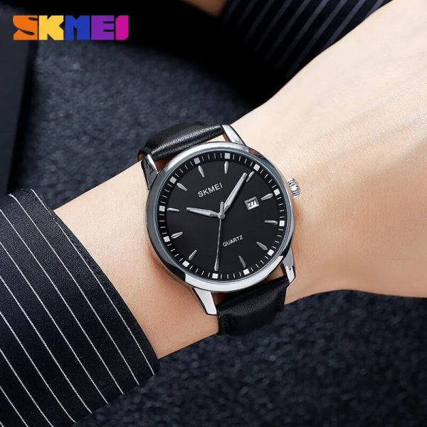 SKMEI 2121 Men's Business Simple Classic Leather Strap Date Display Quartz Watch - Black/Silver - Image 2