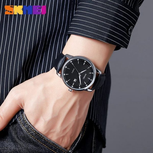 SKMEI 2121 Men's Business Simple Classic Leather Strap Date Display Quartz Watch - Black/Silver - Image 3