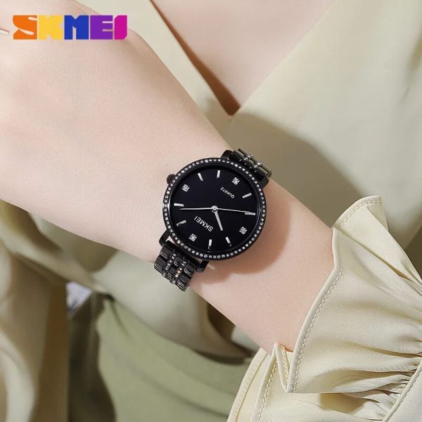 SKMEI 2006 Women's Fashion Rhinestone Surrounded Stainless Steel Watch  - Black - Image 2