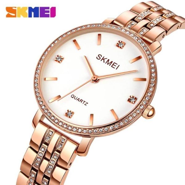 SKMEI 2006 Women's Fashion Rhinestone Surrounded Stainless Steel Watch - RoseGold