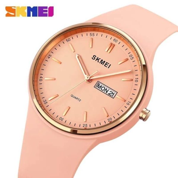 SKMEI 1747 Women's Top Luxury Round Dial Date Day Display Silicon Strap Quartz Moment Watch - Pink