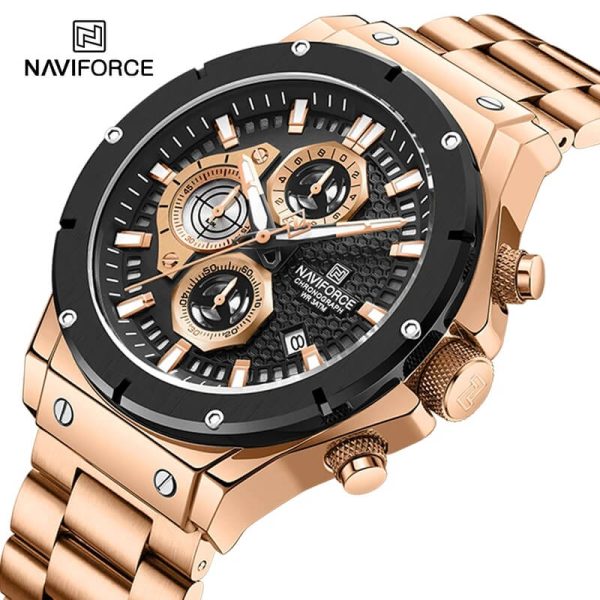 NaviForce NF8026 Fashion Chronograph Date Display Luminous Stainless Steel Watch For Men - Black/Rosegold