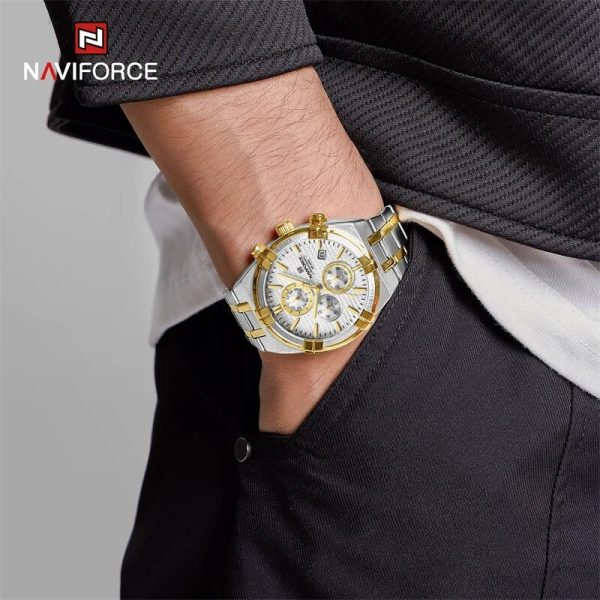 NaviForce NF8042 Men's Business Innovative Bezel Chronograph Date Display Stainless Steel Watch - White/Golden - Image 2