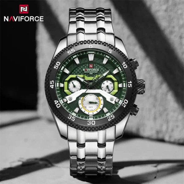 NaviForce NF9222 Men's Sports Fashion Quartz Lumnious Date Day Display Stainless Steel Watch - Green/Silver - Image 2