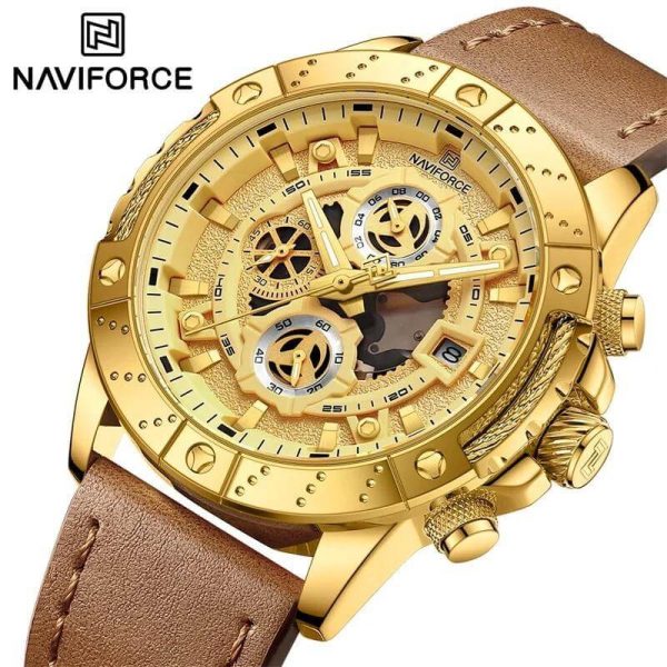 NaviForce NF8055 Men's Multifunction Chronograph Date Display Leather Strap Watch - Golden