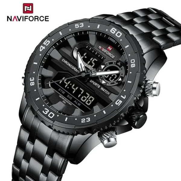 NaviForce NF9234 Multifunction Dual Display Complete Calendar Stainless Steel Watch For Men - Black/Grey