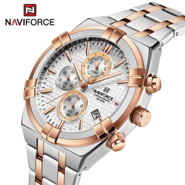 NaviForce NF8042 Men's Business Innovative Bezel Chronograph Date Display Stainless Steel Watch - White/Rosegold