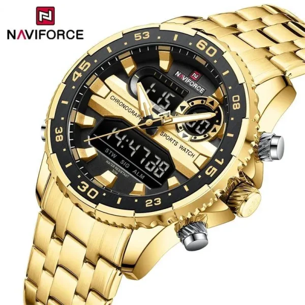 NaviForce NF9234 Multifunction Dual Display Complete Calendar Stainless Steel Watch For Men - Golden/Black