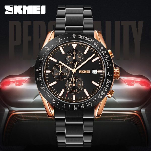 SKMEI 9253 Men's Top Luxury Chronograph Multifunction Stainless Steel Quartz Movement Watch - RoseGold/Black - Image 2